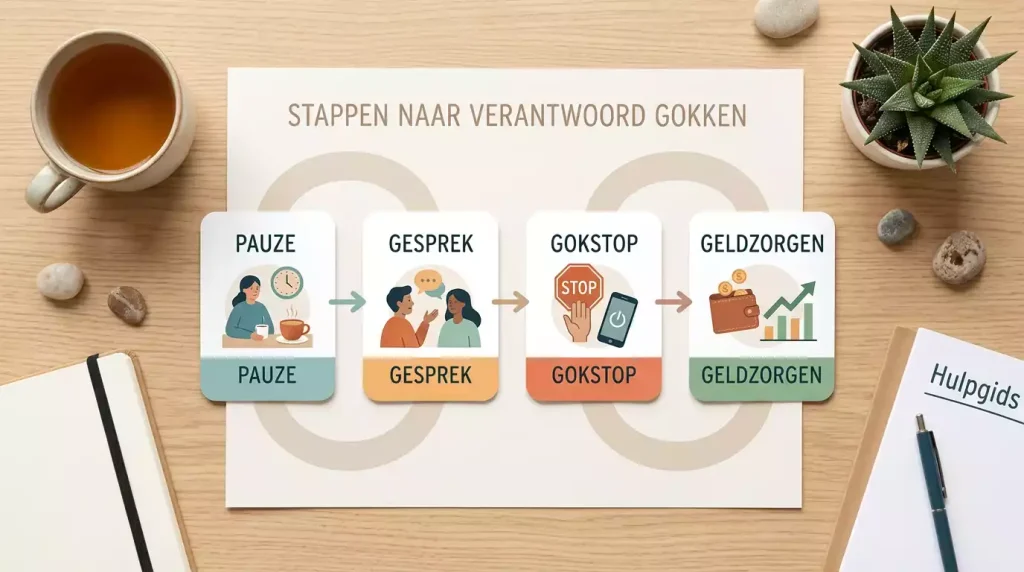 Rustige hulpkaart met stappen voor gokstop, gesprek en geldzorgen