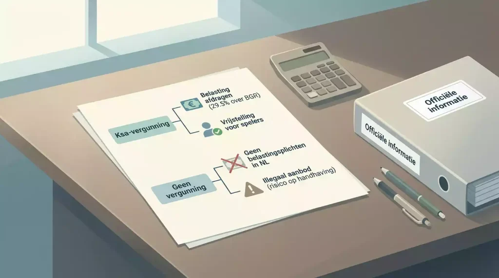 Beslisboom over online kansspelbelasting met vergunningstatus en officiële controle