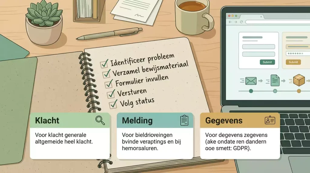 Geordende actiekaart met notities, melding en privacyverzoek bij zorgen over een goksite