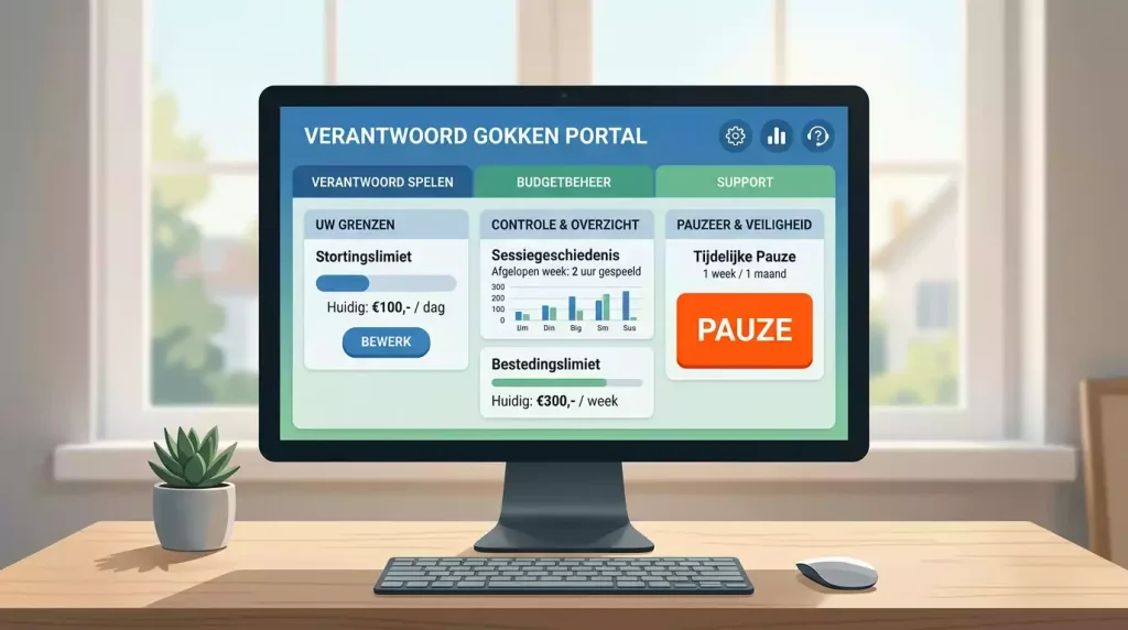 Rustige controlekaart met limieten, monitoring en beschermende stappen bij online gokken