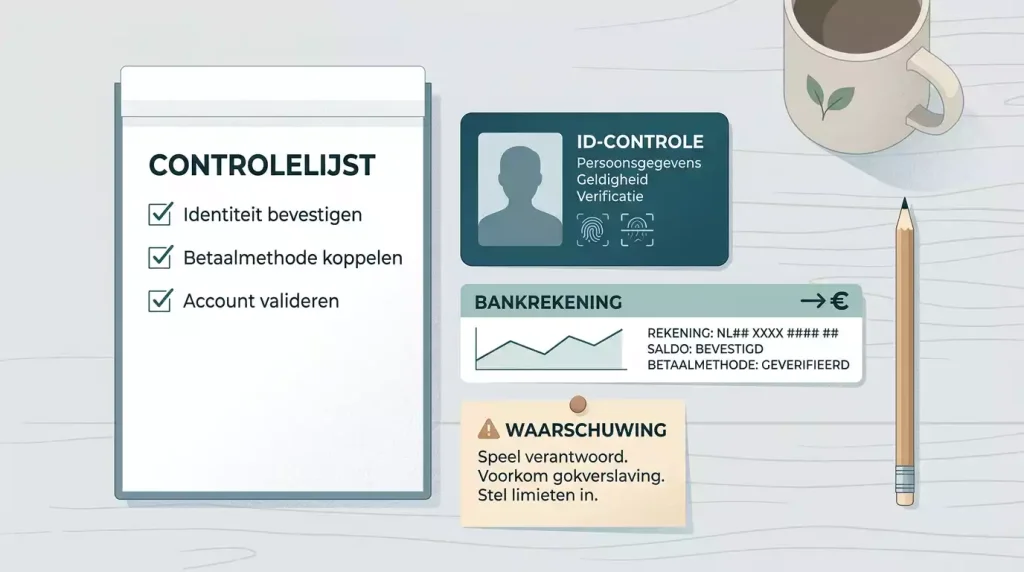 Checklist met betaalgegevens, identiteit en voorwaarden op een rustig bureau